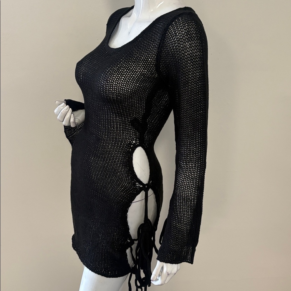 Darker Wavs Dolls Kill Black Knit Sheer Sweater Dress w Open Tie Side Slit Cuffs
